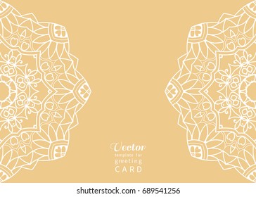 Invitation or Card template with mandala border element. Floral geometric lace pattern. Decorative abstract art background, template for Wedding, Valentine's day greeting cards, Birthday Invitations