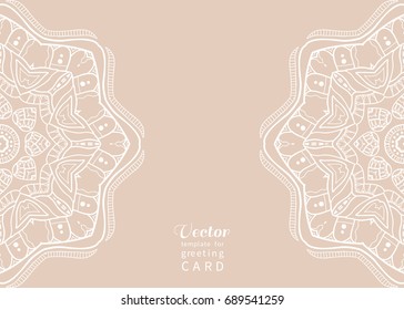 Invitation or Card template with mandala border element. Floral geometric lace pattern. Decorative abstract art background, template for Wedding, Valentine's day greeting cards, Birthday Invitations