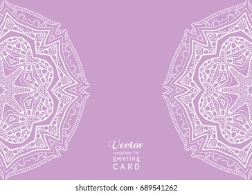 Invitation or Card template with mandala border element. Floral geometric lace pattern. Decorative abstract art background, template for Wedding, Valentine's day greeting cards, Birthday Invitations