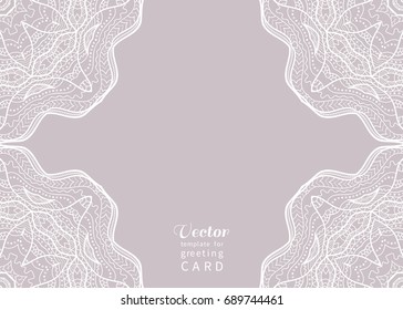 Invitation or Card template with mandala border element. Floral geometric lace pattern. Decorative abstract art background, template for Wedding, Valentine's day greeting cards, Birthday Invitations