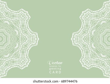 Invitation or Card template with mandala border element. Floral geometric lace pattern. Decorative abstract art background, template for Wedding, Valentine's day greeting cards, Birthday Invitations
