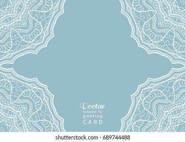 Invitation or Card template with mandala border element. Floral geometric lace pattern. Decorative abstract art background, template for Wedding, Valentine's day greeting cards, Birthday Invitations