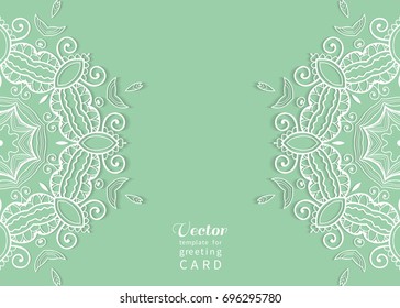 Invitation or Card template with mandala border element. Floral geometric lace pattern. Decorative abstract art background, template for Wedding, Valentine's day greeting cards, Birthday Invitations