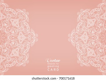 Invitation or Card template with mandala border element. Floral geometric lace pattern. Decorative abstract art background, template for Wedding, Valentine's day greeting cards, Birthday Invitations