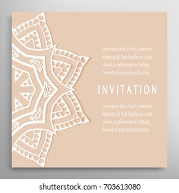 Invitation or Card template with mandala border element. Floral geometric lace pattern. Decorative abstract art background, template for Wedding, Valentine's day greeting cards, Birthday Invitations