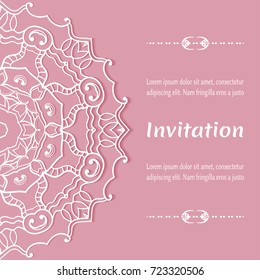 Invitation or Card template with mandala border element. Floral geometric lace pattern. Decorative abstract art background, template for Wedding, Valentine's day greeting cards, Birthday Invitations