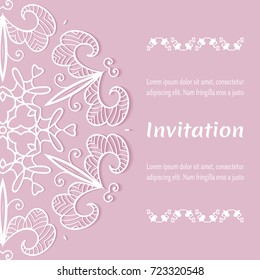 Invitation or Card template with mandala border element. Floral geometric lace pattern. Decorative abstract art background, template for Wedding, Valentine's day greeting cards, Birthday Invitations