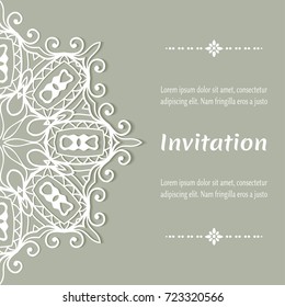 Invitation or Card template with mandala border element. Floral geometric lace pattern. Decorative abstract art background, template for Wedding, Valentine's day greeting cards, Birthday Invitations
