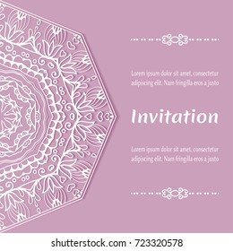 Invitation or Card template with mandala border element. Floral geometric lace pattern. Decorative abstract art background, template for Wedding, Valentine's day greeting cards, Birthday Invitations