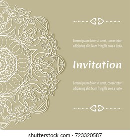 Invitation or Card template with mandala border element. Floral geometric lace pattern. Decorative abstract art background, template for Wedding, Valentine's day greeting cards, Birthday Invitations