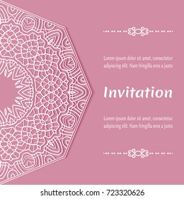Invitation or Card template with mandala border element. Floral geometric lace pattern. Decorative abstract art background, template for Wedding, Valentine's day greeting cards, Birthday Invitations