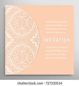 Invitation or Card template with mandala border element. Floral geometric lace pattern. Decorative abstract art background, template for Wedding, Valentine's day greeting cards, Birthday Invitations