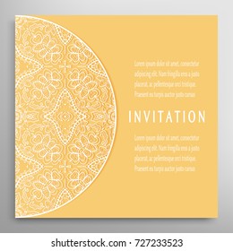 Invitation or Card template with mandala border element. Floral geometric lace pattern. Decorative abstract art background, template for Wedding, Valentine's day greeting cards, Birthday Invitations