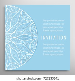 Invitation or Card template with mandala border element. Floral geometric lace pattern. Decorative abstract art background, template for Wedding, Valentine's day greeting cards, Birthday Invitations