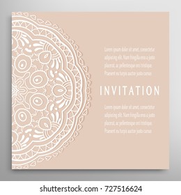 Invitation or Card template with mandala border element. Floral geometric lace pattern. Decorative abstract art background, template for Wedding, Valentine's day greeting cards, Birthday Invitations