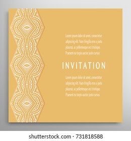 Invitation or Card template with mandala border element. Floral geometric lace pattern. Decorative abstract art background, template for Wedding, Valentine's day greeting cards, Birthday Invitations