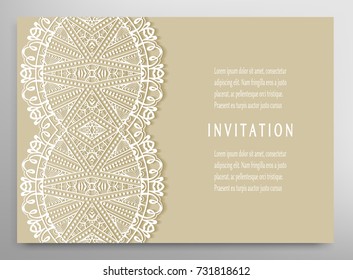 Invitation or Card template with mandala border element. Floral geometric lace pattern. Decorative abstract art background, template for Wedding, Valentine's day greeting cards, Birthday Invitations