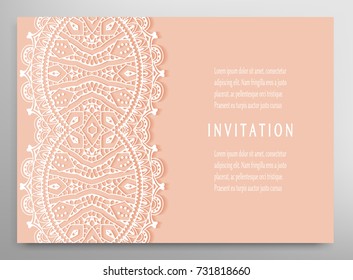 Invitation or Card template with mandala border element. Floral geometric lace pattern. Decorative abstract art background, template for Wedding, Valentine's day greeting cards, Birthday Invitations