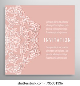 Invitation or Card template with mandala border element. Floral geometric lace pattern. Decorative abstract art background, template for Wedding, Valentine's day greeting cards, Birthday Invitations