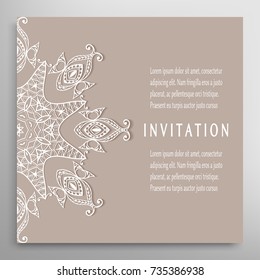 Invitation or Card template with mandala border element. Floral geometric lace pattern. Decorative abstract art background, template for Wedding, Valentine's day greeting cards, Birthday Invitations