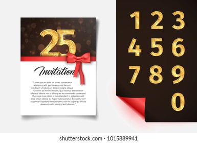 Invitation card template with numbers collection vector illustration. Anniversary banner with red ribbon and bow