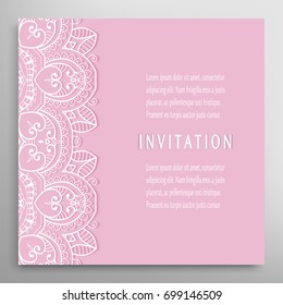 Invitation or Card template with ornate border element. Floral geometric lace pattern. Decorative abstract art background, template for Wedding, Valentine's day greeting cards, Birthday Invitations
