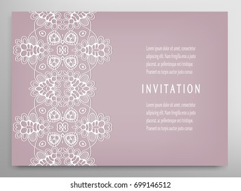 Invitation or Card template with ornate border element. Floral geometric lace pattern. Decorative abstract art background, template for Wedding, Valentine's day greeting cards, Birthday Invitations