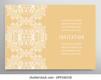 Invitation or Card template with ornate border element. Floral geometric lace pattern. Decorative abstract art background, template for Wedding, Valentine's day greeting cards, Birthday Invitations
