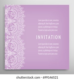 Invitation or Card template with ornate border element. Floral geometric lace pattern. Decorative abstract art background, template for Wedding, Valentine's day greeting cards, Birthday Invitations