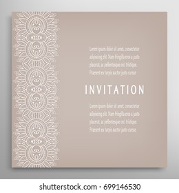 Invitation or Card template with ornate border element. Floral geometric lace pattern. Decorative abstract art background, template for Wedding, Valentine's day greeting cards, Birthday Invitations