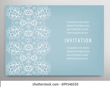 Invitation or Card template with ornate border element. Floral geometric lace pattern. Decorative abstract art background, template for Wedding, Valentine's day greeting cards, Birthday Invitations