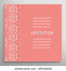 Invitation or Card template with ornate border element. Floral geometric lace pattern. Decorative abstract art background, template for Wedding, Valentine's day greeting cards, Birthday Invitations