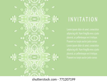 Invitation or Card template with ornate lace border, cutout paper frame element. Decorative openwork filigree art background for Wedding, Valentine's day greeting cards, Birthday Invitations