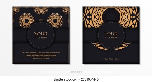 Invitation card template with place for your text and abstract ornament. Vector design of postcard in black color with orange ornament.