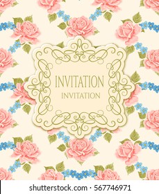Invitation card template with roses. Calligraphy elements. label.