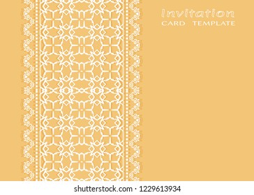 Invitation or Card template with seamless lace border, cutout paper frame element. Decorative openwork filigree art background for Wedding, Valentine's day greeting cards, Birthday Invitations