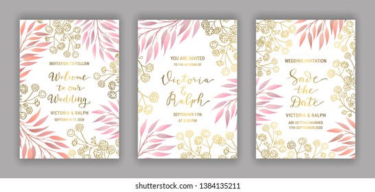 Invitation card template set. Background of elegant branches with pink leaves. Save the date, Welcome to our wedding hand-drawn lettering phrase. Golden text. EPS 10 vector illustration.