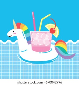 Invitation card template with summer pool floating drink holder in funny cartoon style