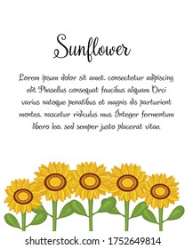 Einladungskarte mit Sonnenblumen. Vektorgrafik einzeln auf weißem, handgezeichnet.