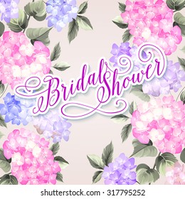 Invitation card template with violet blooming hydrangea and text group Bridal Shower over them. Vector illustration.