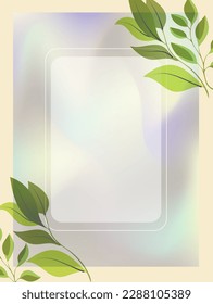 Invitation card template for wedding, birthday, greetings with gradient frame,  green painted leaves. Soft romantic gradient background with borders and place for text. Greeting card design. Vector 