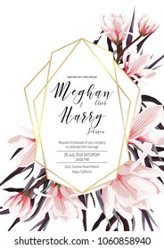 Invitation card template for wedding, save the date. Romantic watercolor blooming pink magnolia with agonis leaves, succulent, branch, greenery and grass in golden frame. Boho elegant style. 