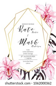 Invitation card template for wedding, save the date. Romantic watercolor blooming pink orchid with agonis leaves, succulent, branch, greenery and grass in golden frame. Boho vector in rustic style.