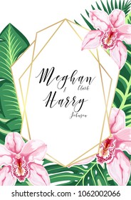 Invitation card template for wedding, save the date. Romantic watercolor blooming pink orchid with tropical leaves, monstera, greenery and grass in golden frame. Boho vector in rustic elegant style.