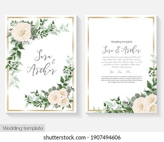 Invitation card template. White roses, eucalyptus, green plants and flowers, beautiful openwork leaves.