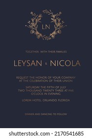 Invitation card template with wildflower frame. Classic graphic elements. Elegant wedding invitation. 