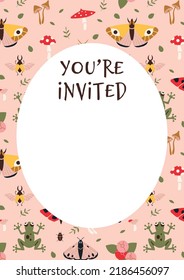 Invitation Card Template - You are invited with summer vibe, moth, mushrooms, cartoon style. Trendy modern vector illustration, hand drawn, flat design.