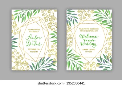 Invitation card templates. Background of elegant eucalyptus branches, green leaves, gypsophila flowers. Welcome to our wedding lettering phrase. Crystal gold glitter frame. EPS vector illustration