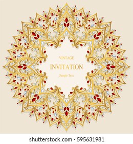 Invitation card templates with gold patterned and crystals color.