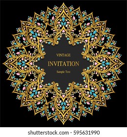Invitation card templates with gold patterned and crystals color.